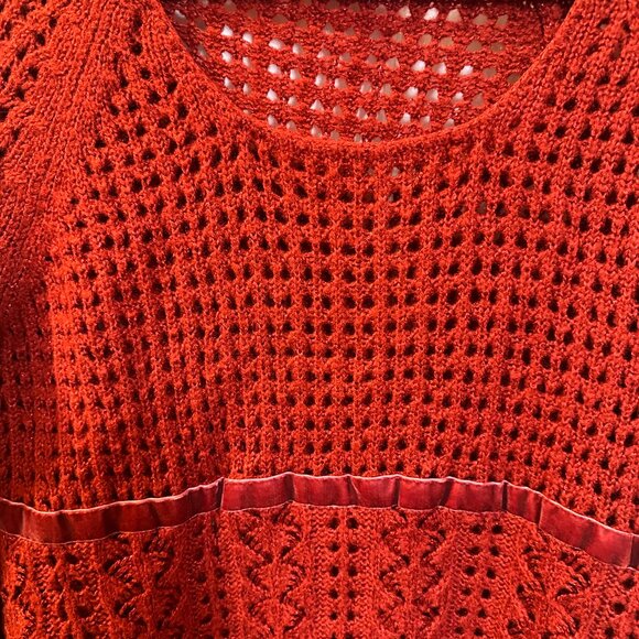 ANA Deep Red Crochet Scoop Sweater w/Velvet Ribbon at Waist & Sparkle Thread-XL - Picture 4 of 5
